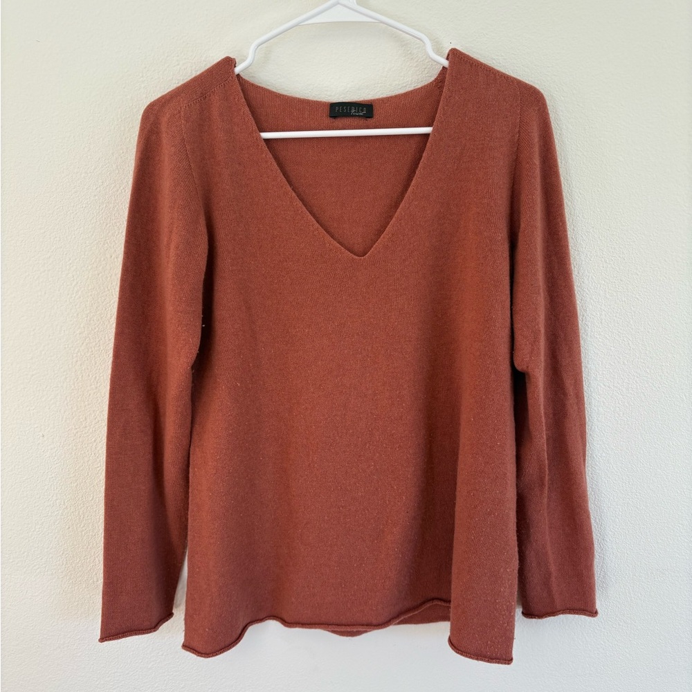 Peserico Rust V-Neck Cashmere Wool Silk Sweater Top Italian Quiet Luxury
